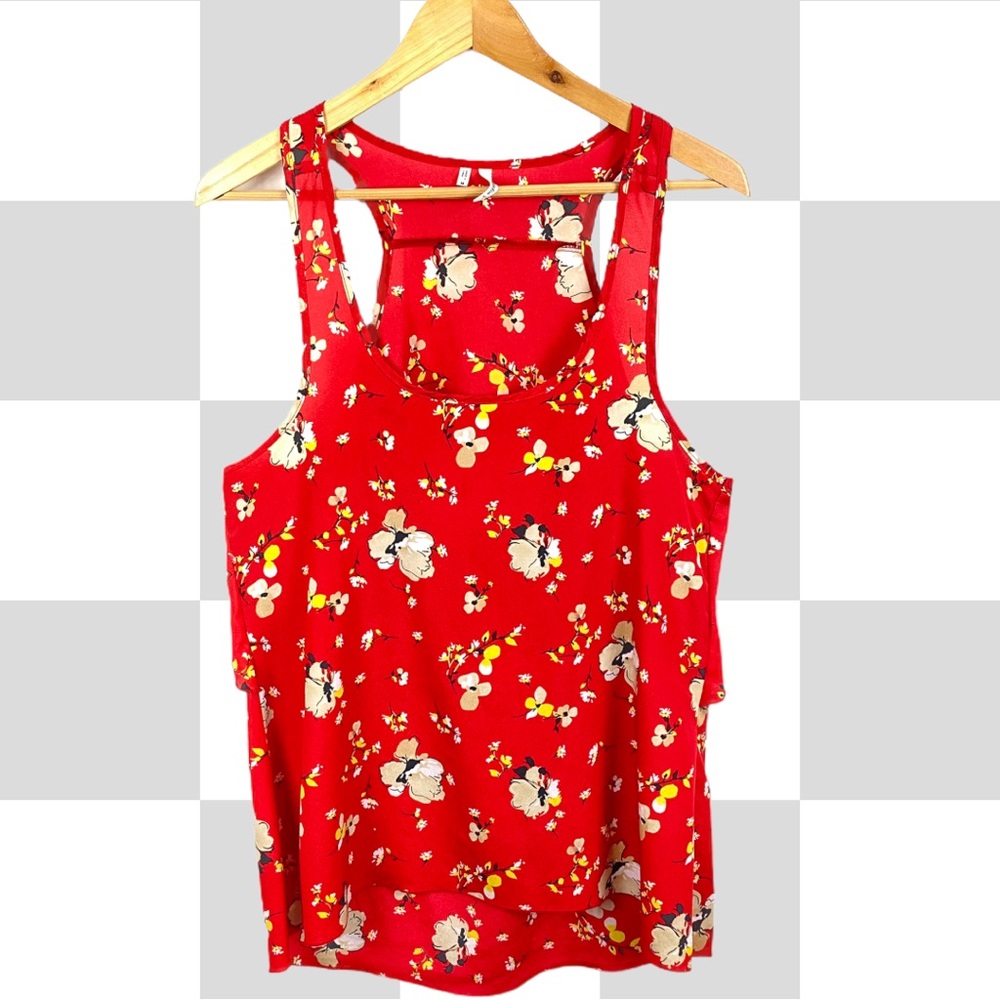 Studio Y Red Ruffle Floral Keyhole Back Chiffon Sleeveless Blouse Tank Top Red M